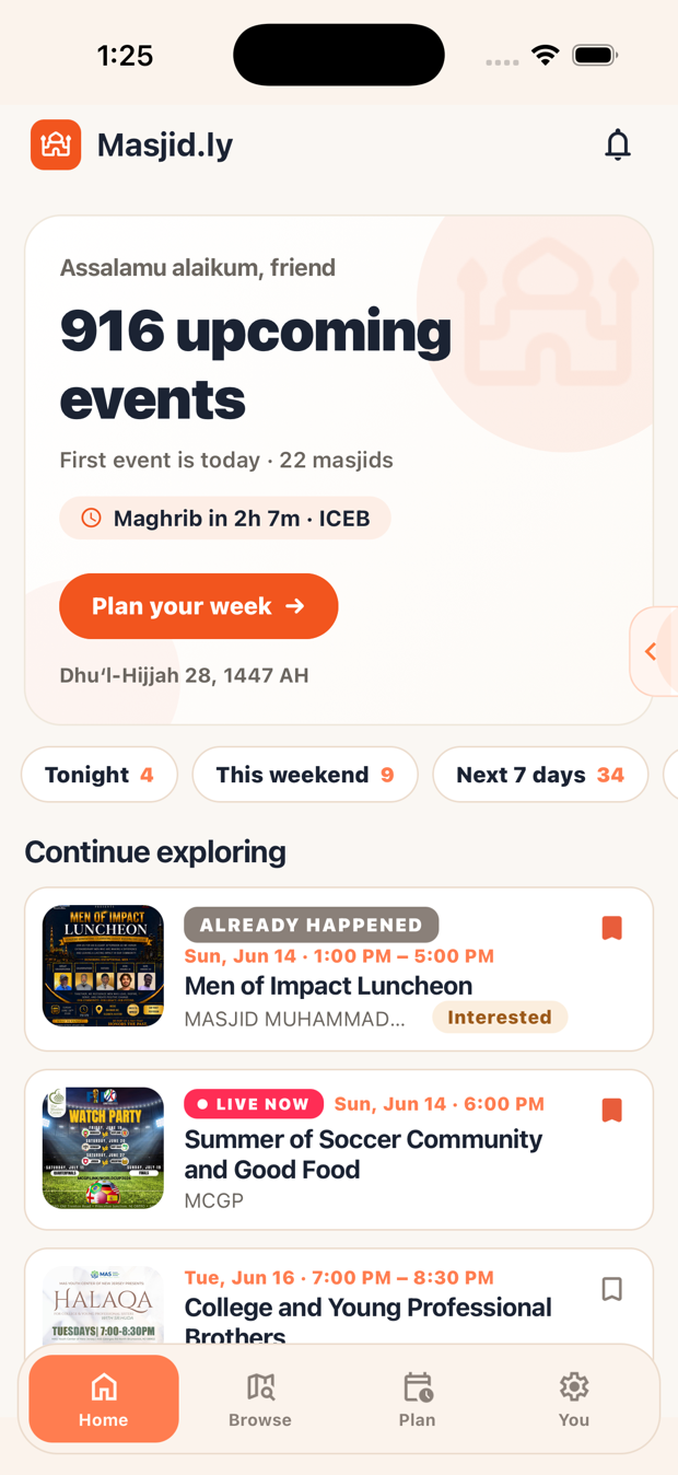 Masjid.ly feed — tonight's events